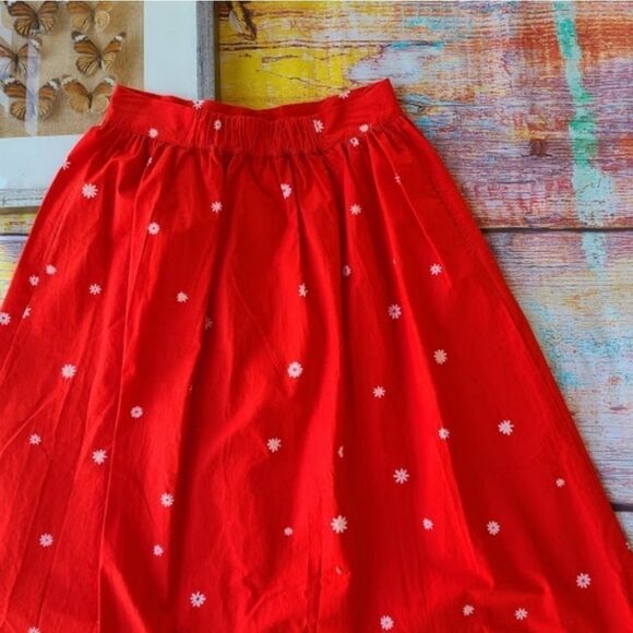 Ban.do Red Easy Button Up Daisy Floral A-line Pocket Cotton Midi Skirt S/M - Picture 8 of 9